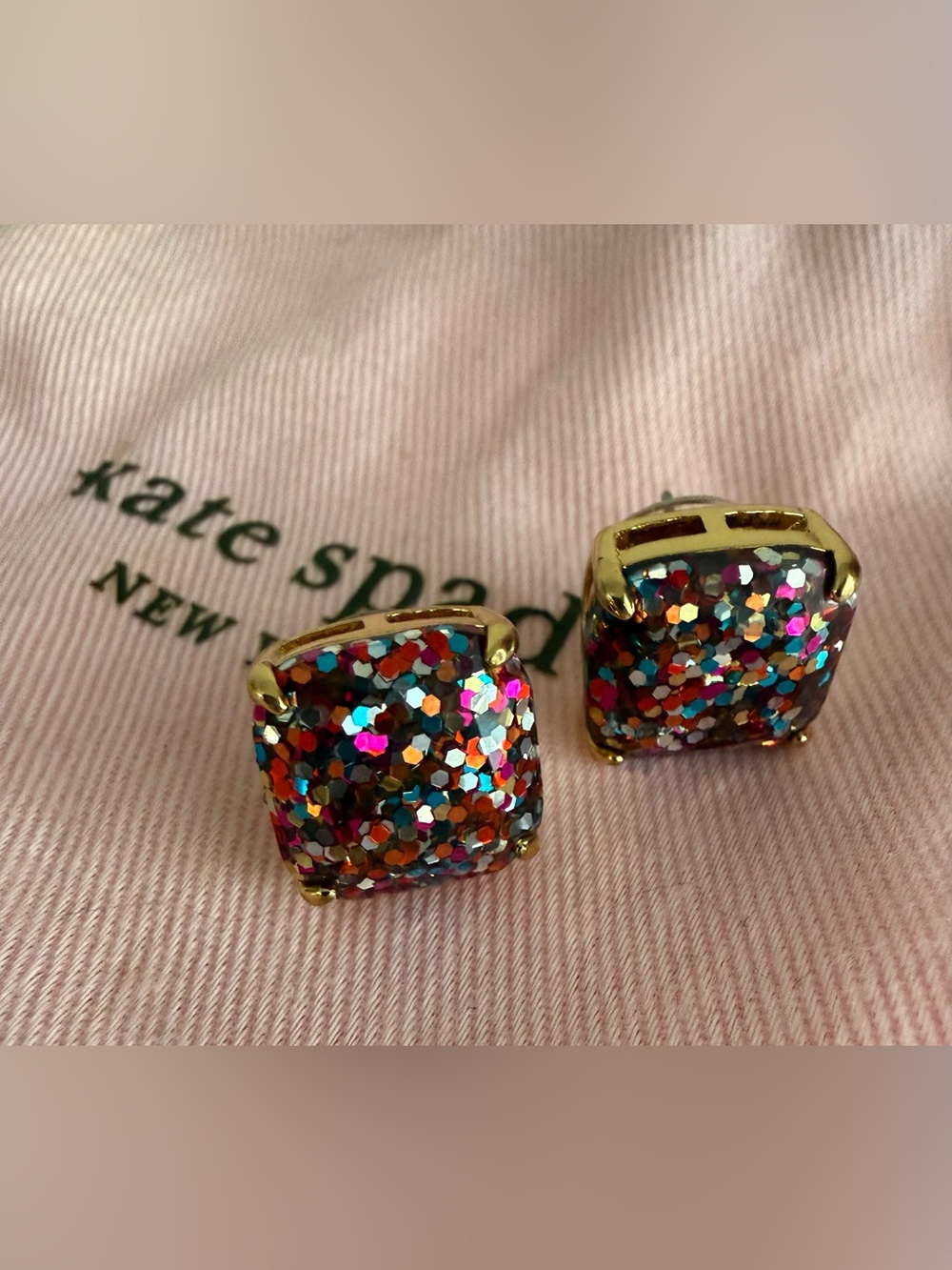 Kate Spade New York Multi Confetti Glitter Square Stud Earrings NEW Dust Bag